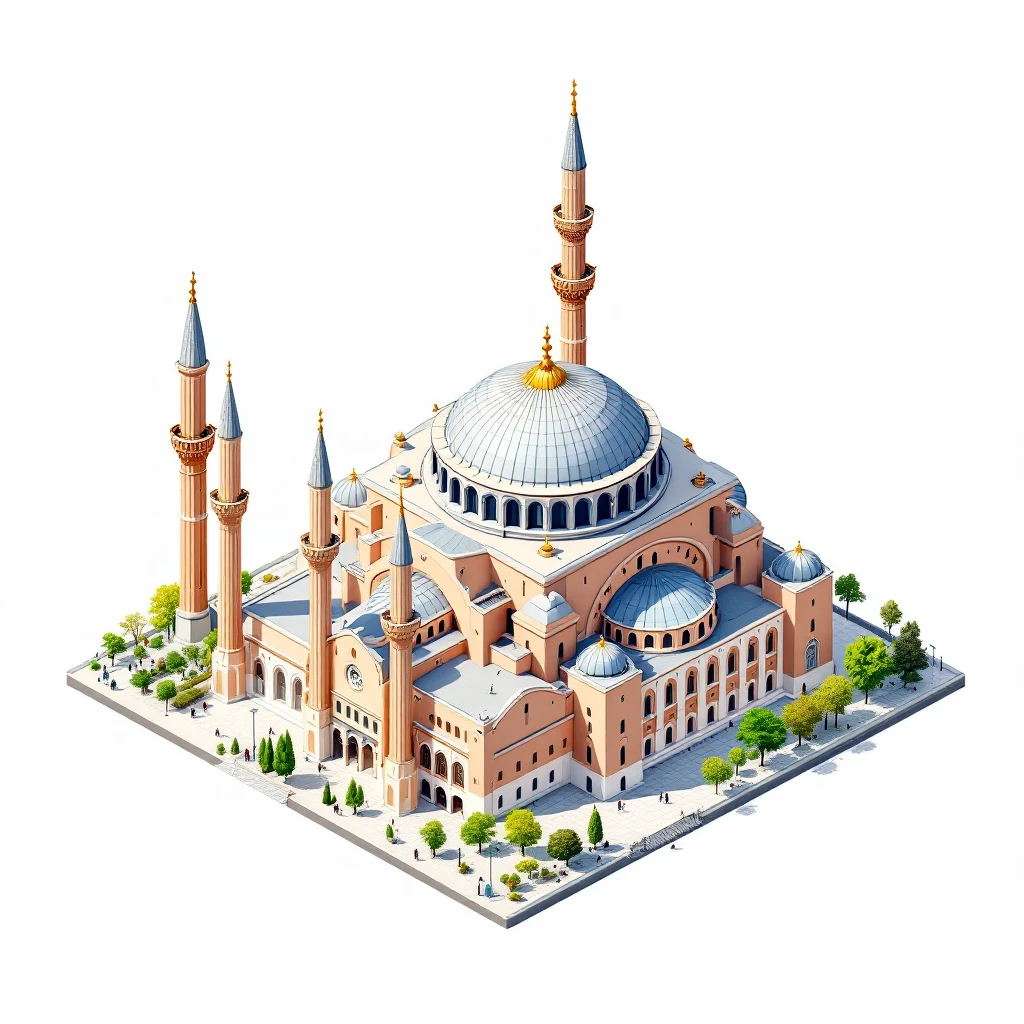 Isometric illustration of Istanbul, featuring real photorealistic Hagia Sophia with ts large central dome and four tall minarets, with real transparent background emoji