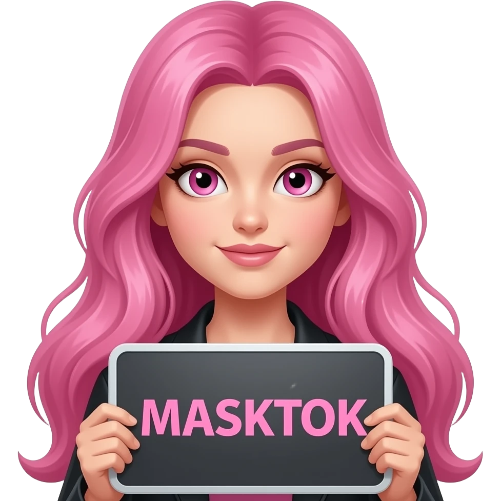 sexy girl with long pink hair and pink eyes holding a MASKTOK sign emoji