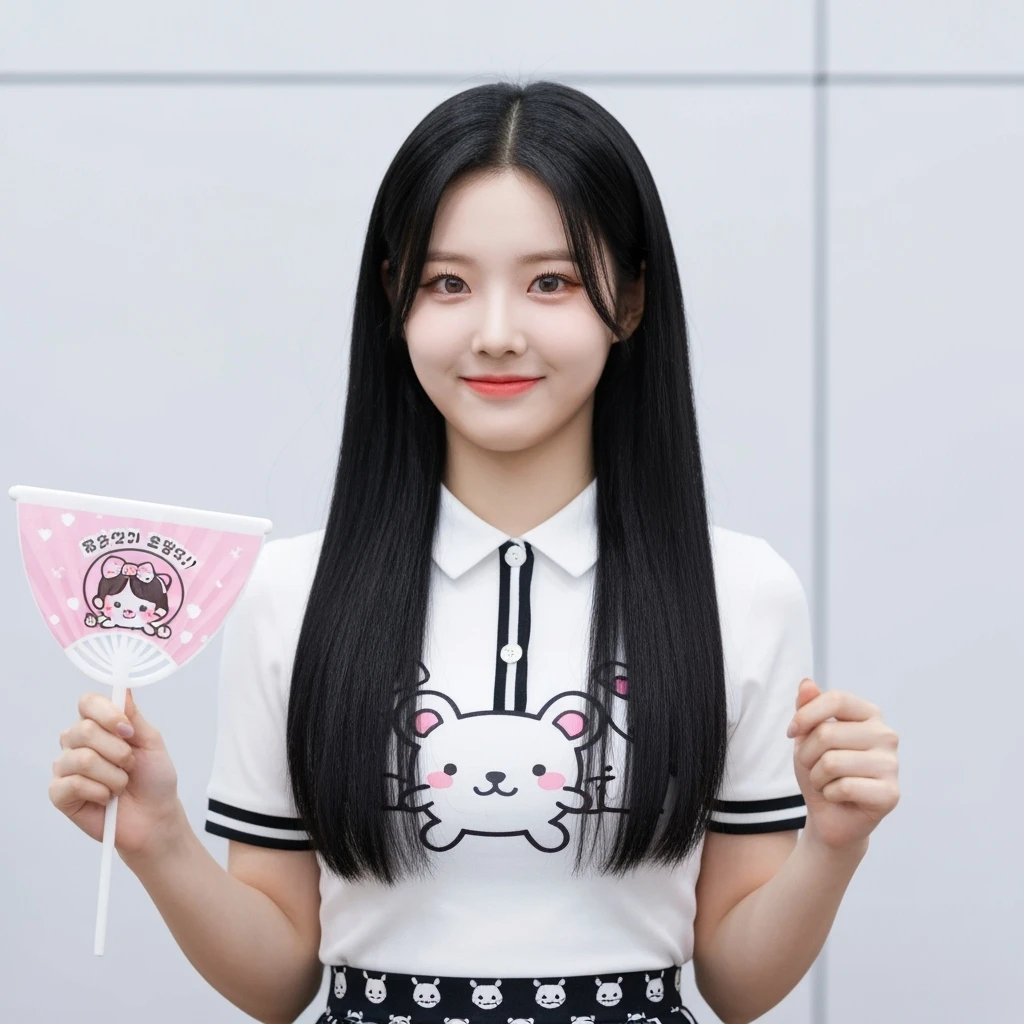 kpop girl with fan banner, cute, expressive, minimal emoji