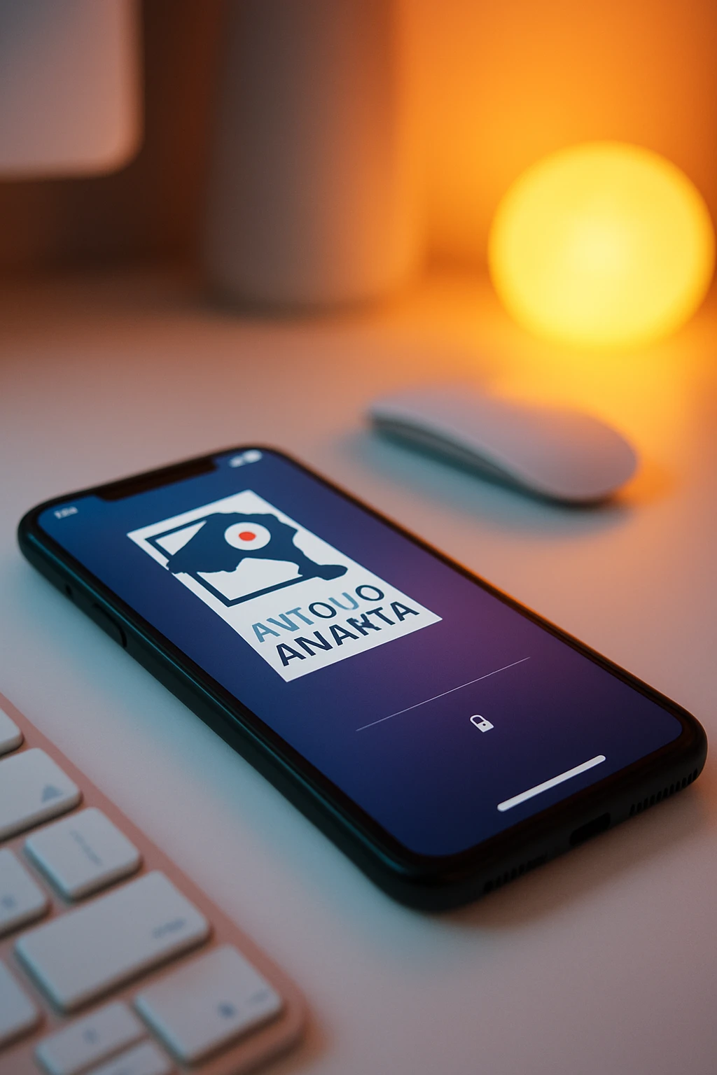 A photo of an iPhone on the desk with the message "Antonio Anania" on its screen, The phone sits atop a desk with a blurred background that suggests work environment. A faint glow from above casts gentle shadows across the surface of each object, creating depth and highlighting their textures emoji