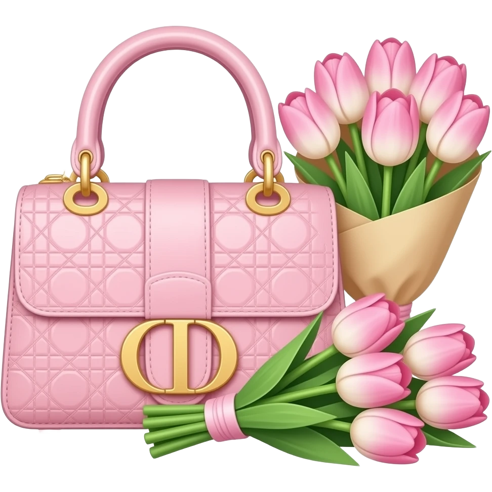 Pink Lady Dior bag with a pink tulip bouquet next to it emoji