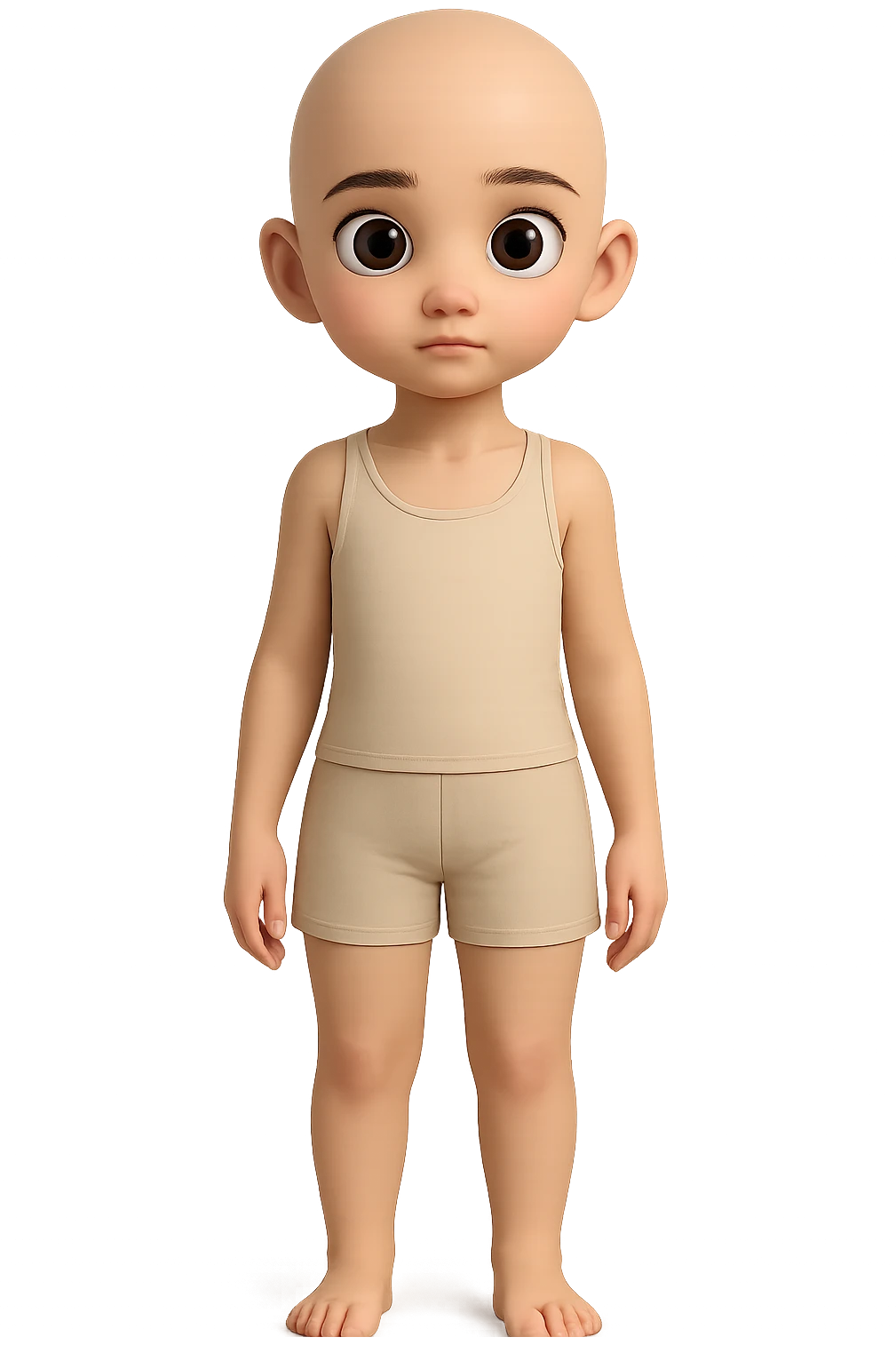 Remove all hair from the character, making them completely bald. Keep everything else the same including shorts, tank top, pose, and style. Maintain transparent background. emoji