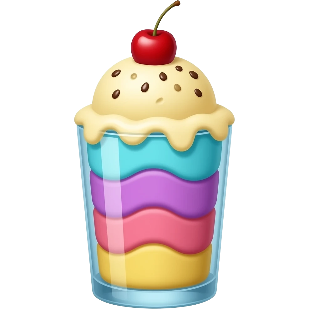 sundae dans un verre transparent, multicolore pastel, couleurs turquoise mauve rose jaune, pas de cerise, étagé emoji