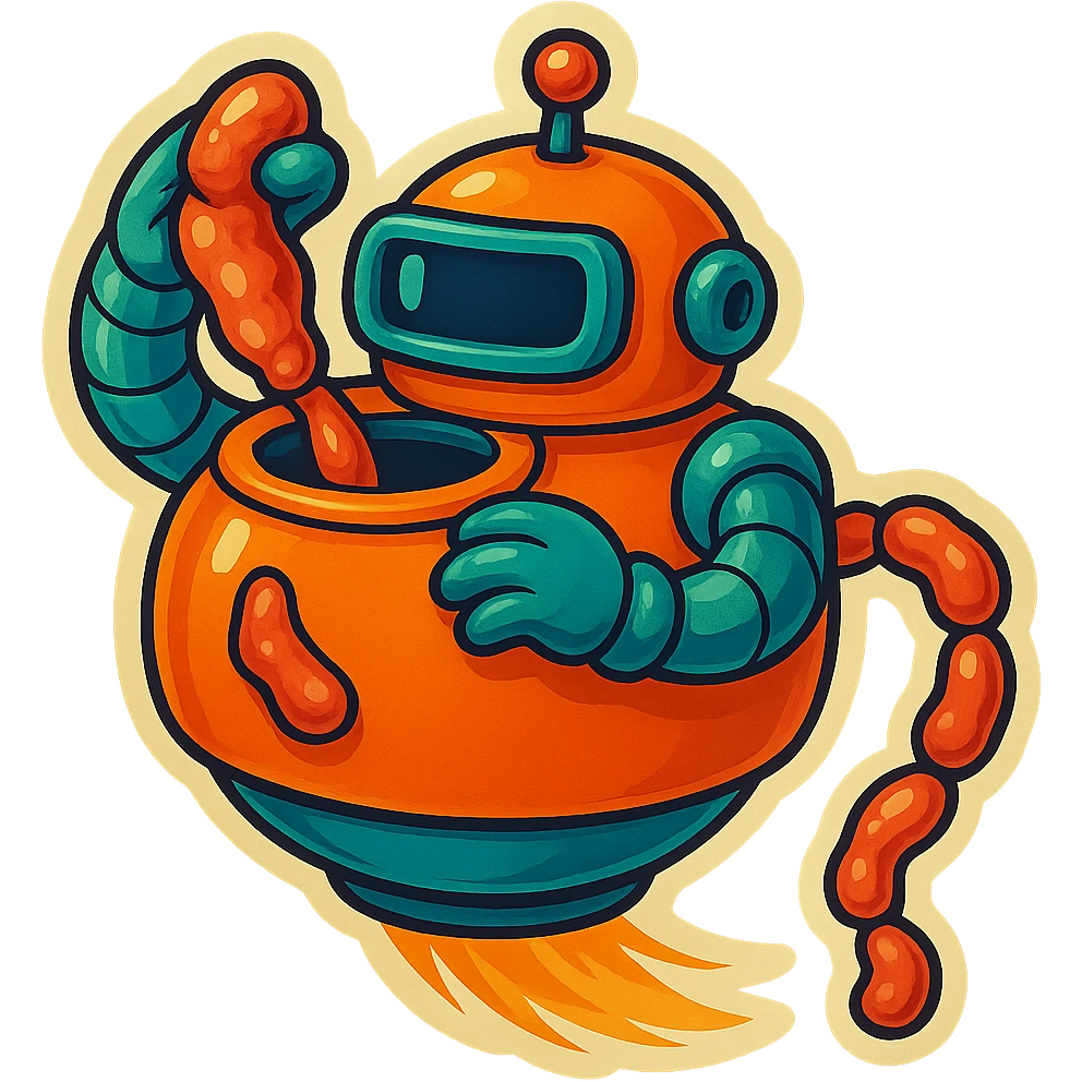 a robot that uses arms to put meat in large hole on top. sausage links come out robots rear. no legs on robot. robot hovers. robot feeds itself meat emoji