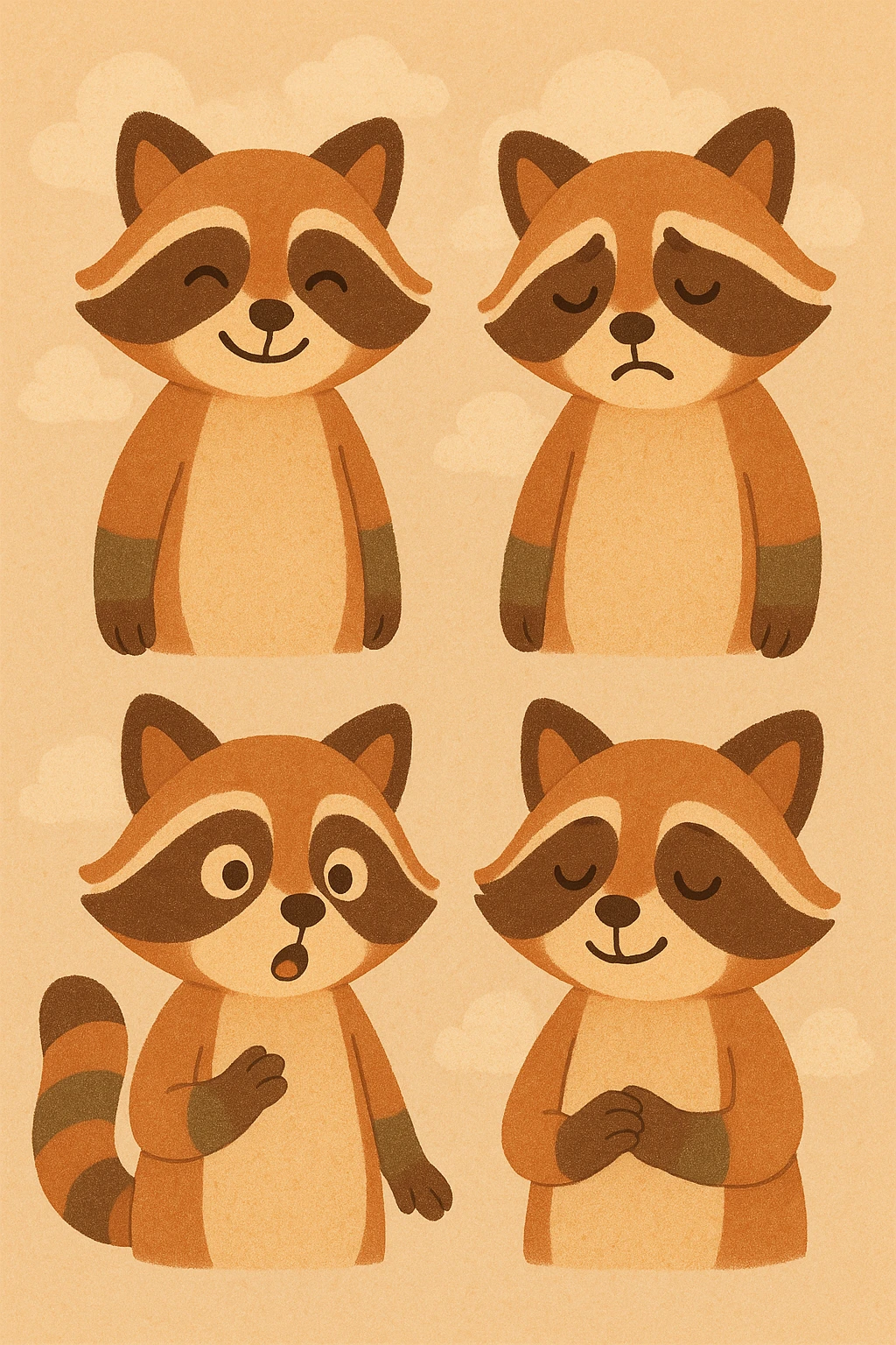 A set of emotions featuring a painted raccoon emoji