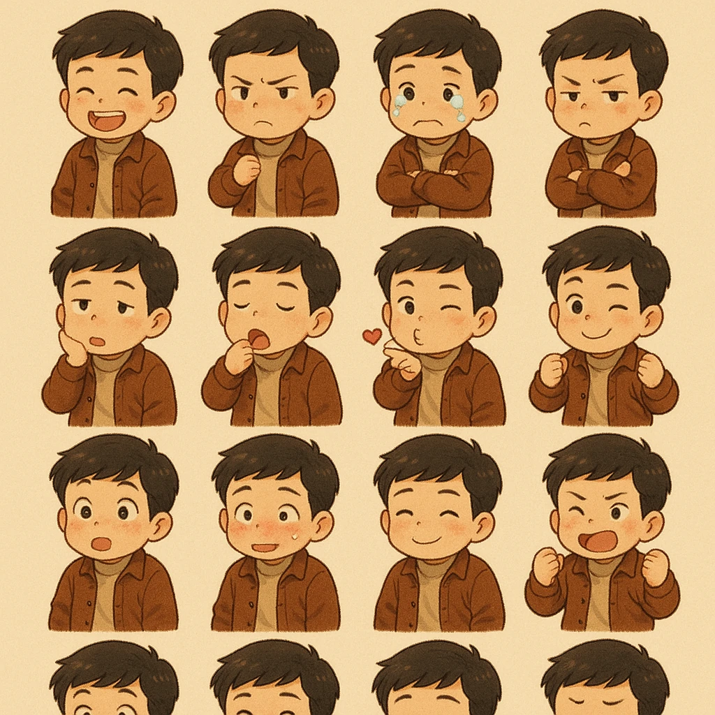 Convert the image into a set of chibi stickers (4x4 grid) outfit similar to this one including expressions of laughing being angry, crying, sulking, thinking, being sleepy, blowing kiss,winking, being suprised emoji