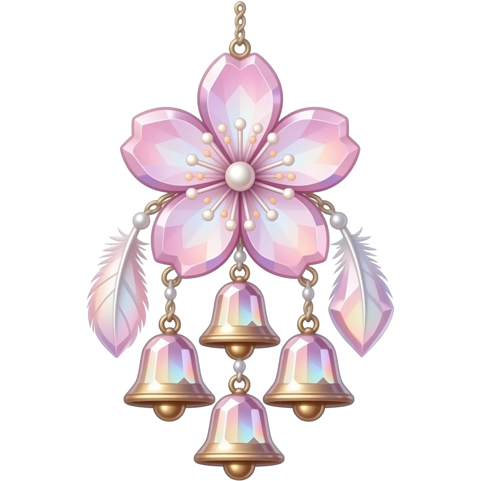 Hanging Iridescent pastel pink sakura crystals white-pearly suncatcher with bells and feathers emoji