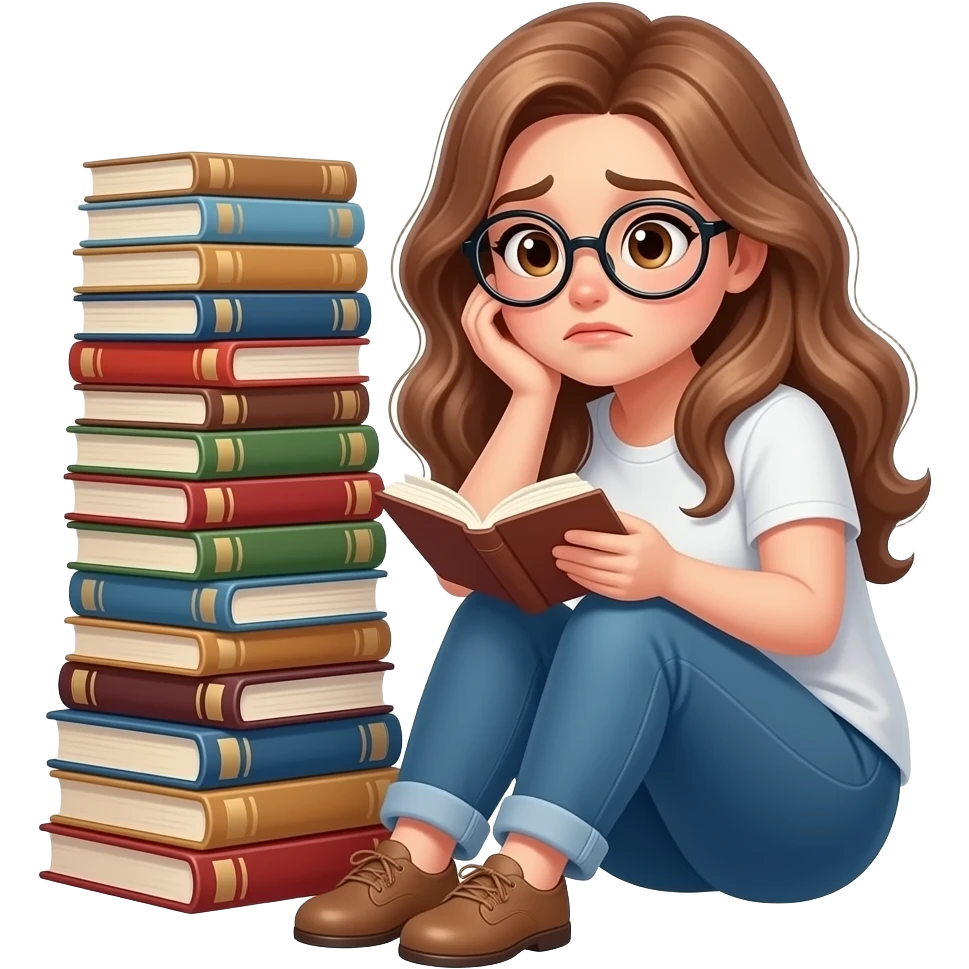 detailed emoji illustration of a curvy woman with long light brown wavy hair, light brown eyes and round glasses sitting next to a huge pile of unread books, overwhelmed reader vibe, cute emoji style emoji