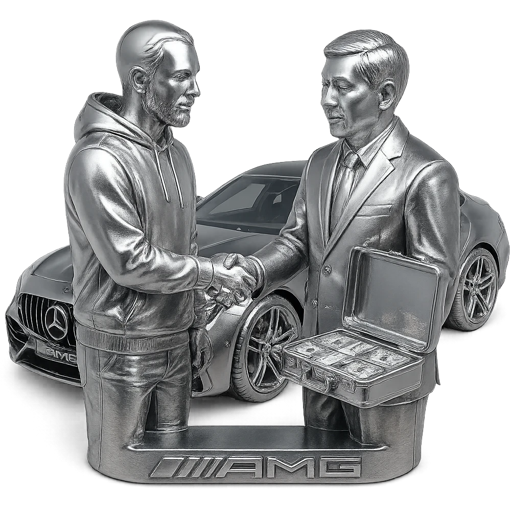 A white man with a goatee in a chrome hoodie, shaking hands with a Chinese man, giving him a briefcase of money, with an AMG car behind them. emoji