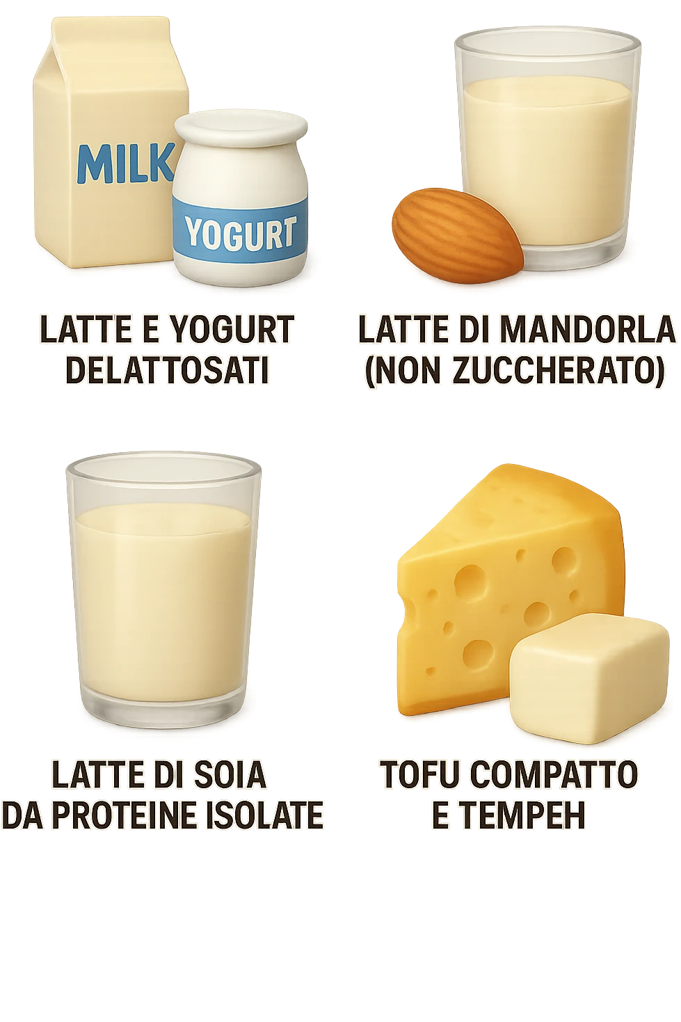 emoji stile iphone 3d di questi elementi che fluttuano in aria:

Latte e yogurt delattosati
Latte di mandorla (non zuccherato)
Latte di soia da proteine isolate
Formaggi stagionati (es. parmigiano)
Tofu compatto e tempeh
 che fluttuano in aria,  le etichette scrivile in italiano, iperealistico 4k emoji