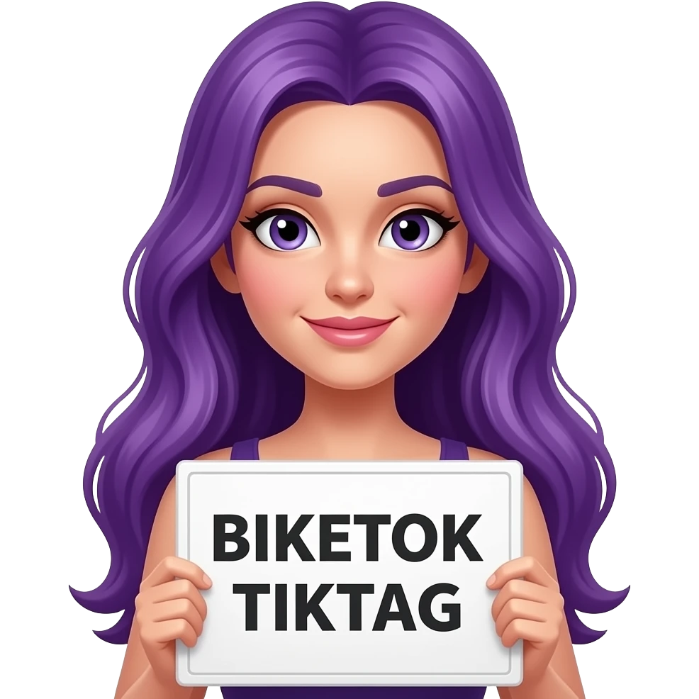 sexy girl with long purple hair holding a BIKETOK TIKTAG sign emoji