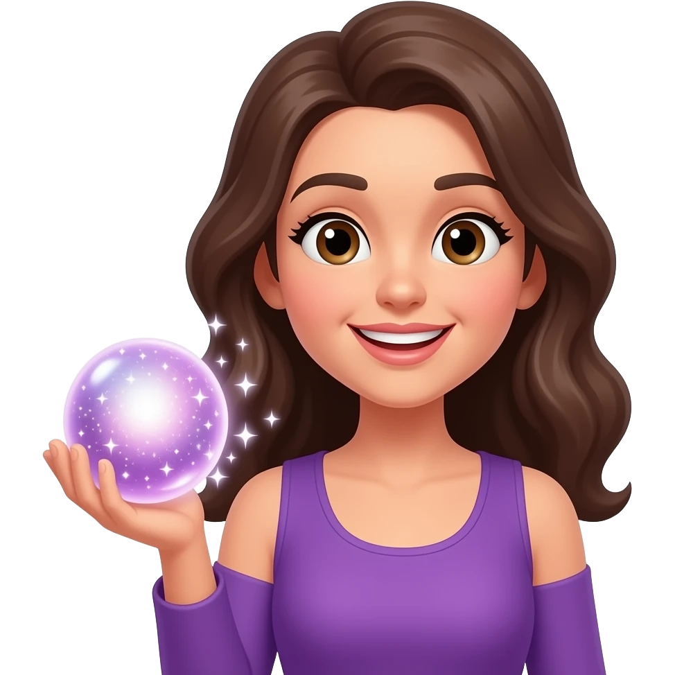 Женщина машет привет с волшембнвм шаром в руке, в фиолетовой одежде emoji