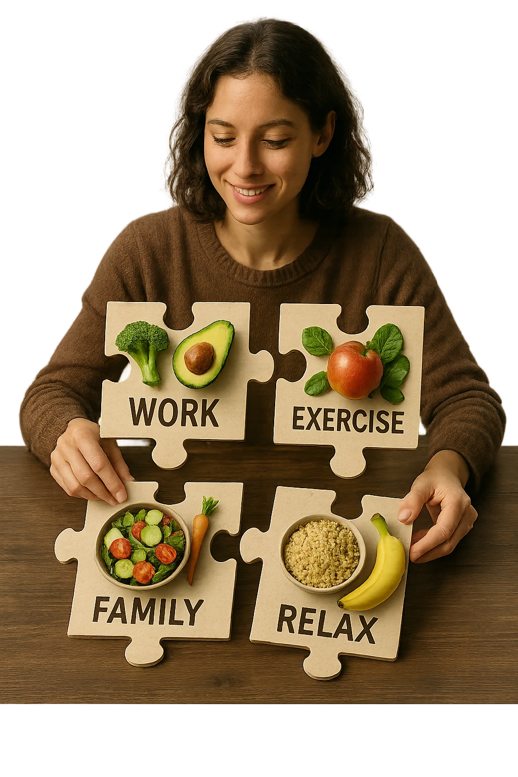 realistica cinematic photo a person is surrounded by puzzle pieces, each representing a different aspect of their life (Lavoro, Esercizio, Famiglia, Relax), and healthy foods are integrated into each piece. The person assembles the puzzle, creating a complete, personalized nutrition plan. The mood is uplifting and creative. in italiano emoji