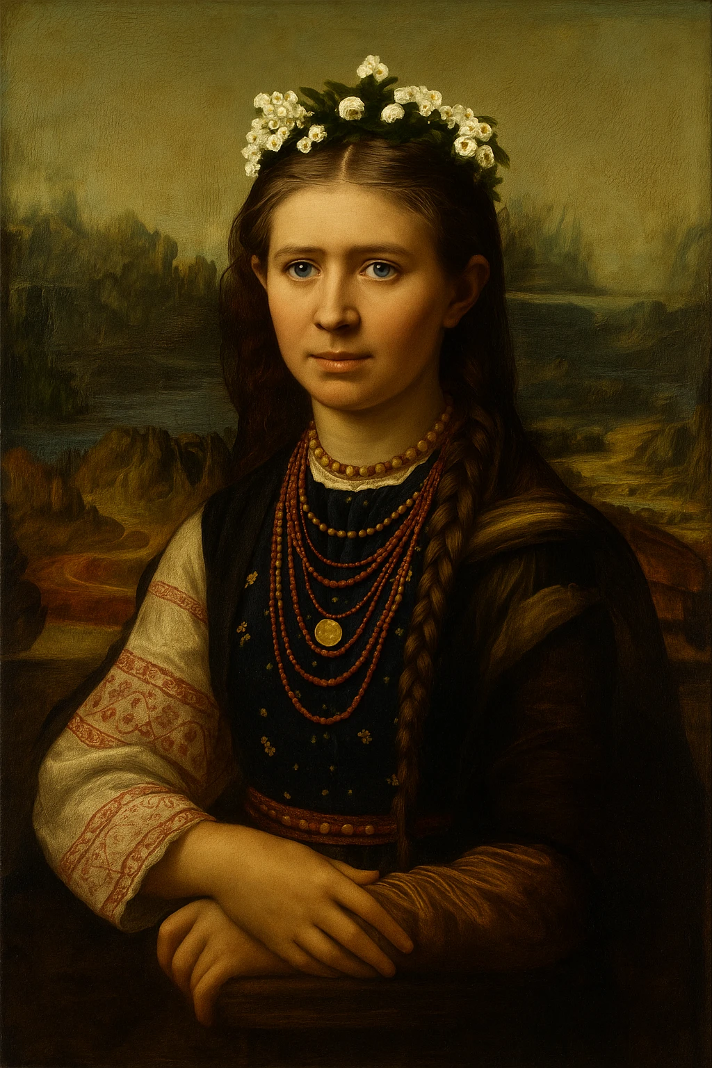 Insert the character from the provided image into Leonardo da Vinci's 'Mona Lisa' painting, preserving the Mona Lisa's enigmatic smile and the soft sfumato technique. Maintain the classical portrait pose and Renaissance style of the original artwork, blending the character seamlessly into the scene with harmonious lighting and color tones. emoji