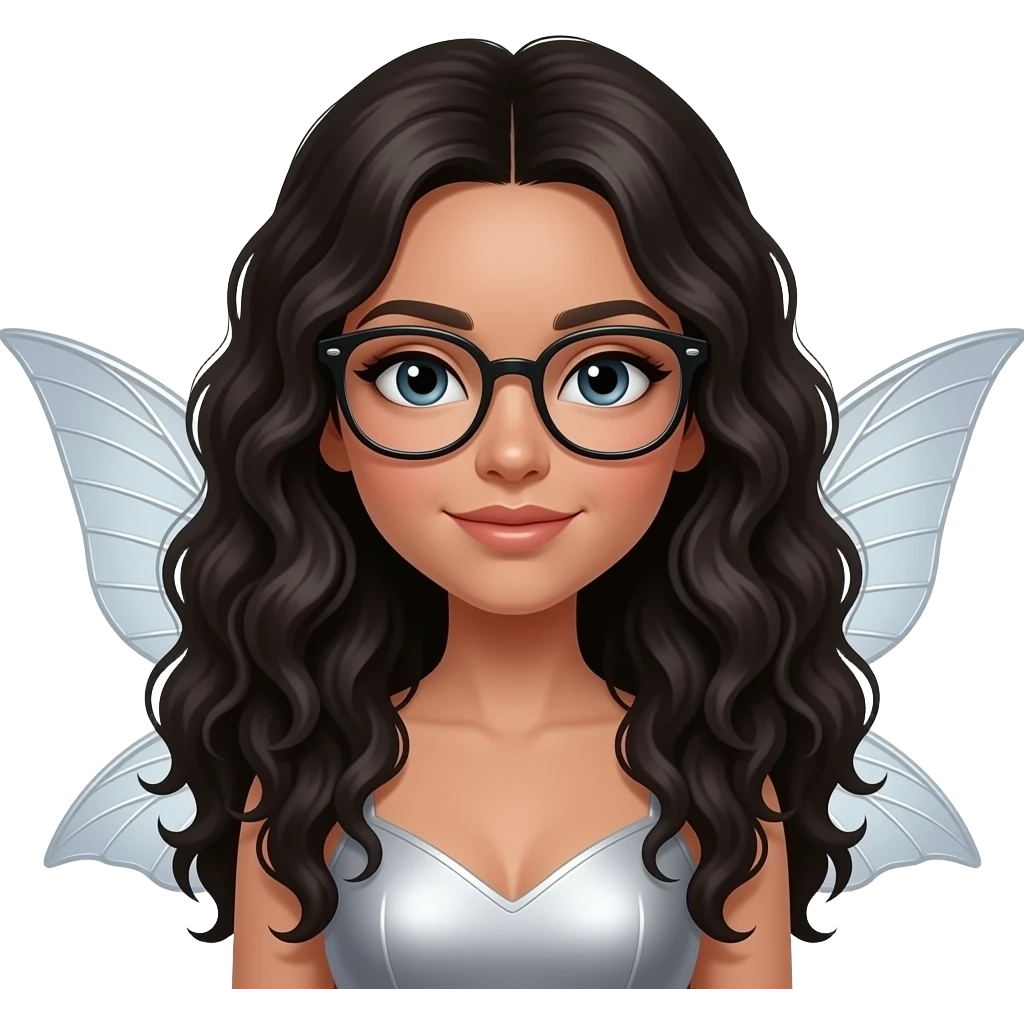black haired fairy with curly hair and glassess and wings emoji