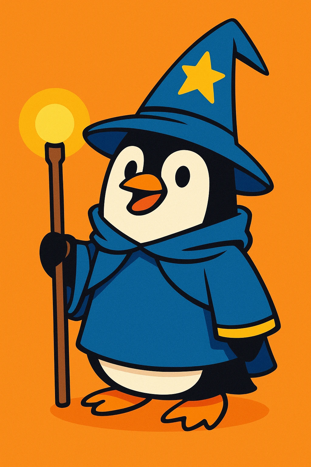 a penguin dressed as a wizard, with a pointy hat and a magic staff, in a fun and whimsical style emoji