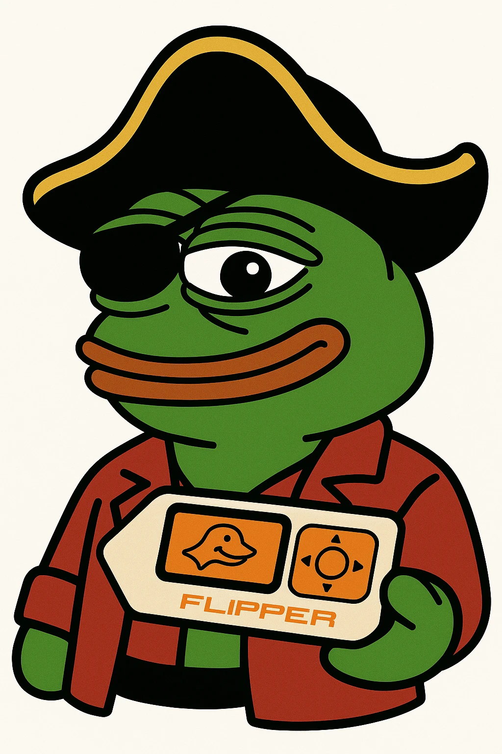 Transform the pirate plush into a Pepe the Frog pirate holding a Flipper Zero device. Keep the pirate hat and eyepatch, but make the character distinctly look like Pepe the Frog in style, with the Flipper Zero clearly visible in the character's hand. emoji