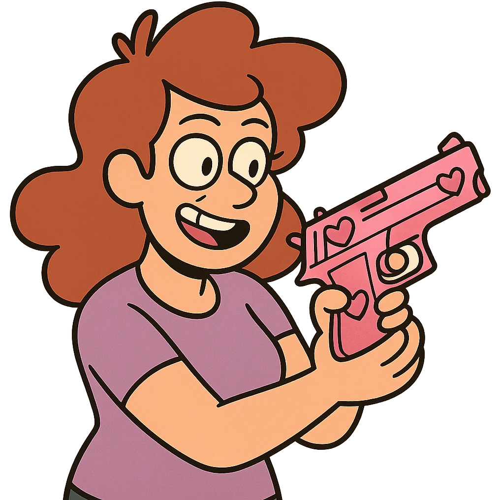 pink pistol with heart motifs, cartoonish and friendly emoji