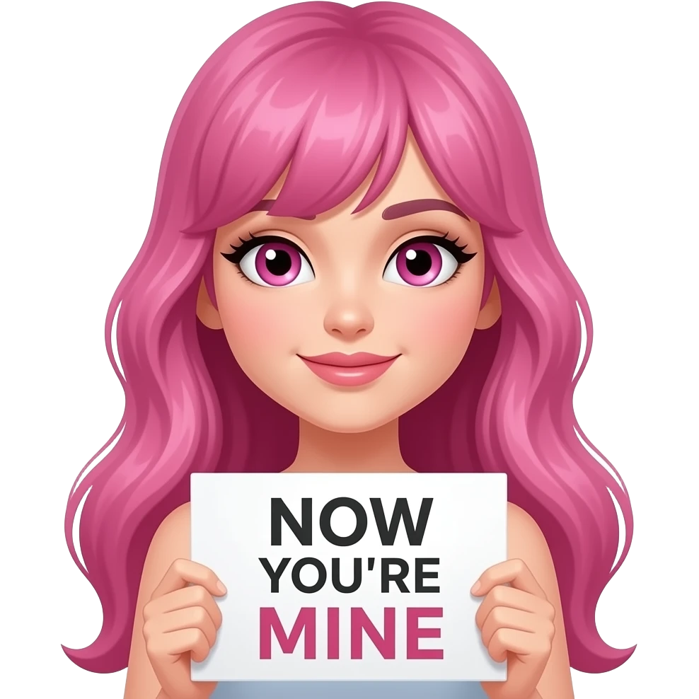 sexy girl with long pink hair and pink eyes holding a NOW YOU'RE MINE sign emoji