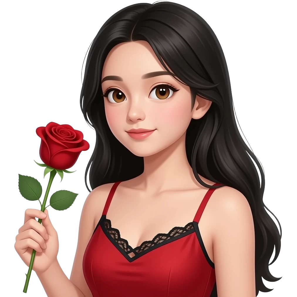 Asian girl with black long hair, pretty brown siren eyes, a red dress, thin strap, with the top of a black bra showing laced, make her look attractive  have her head tilted to the side holding a blood red color rose make her look 15 years old emoji
