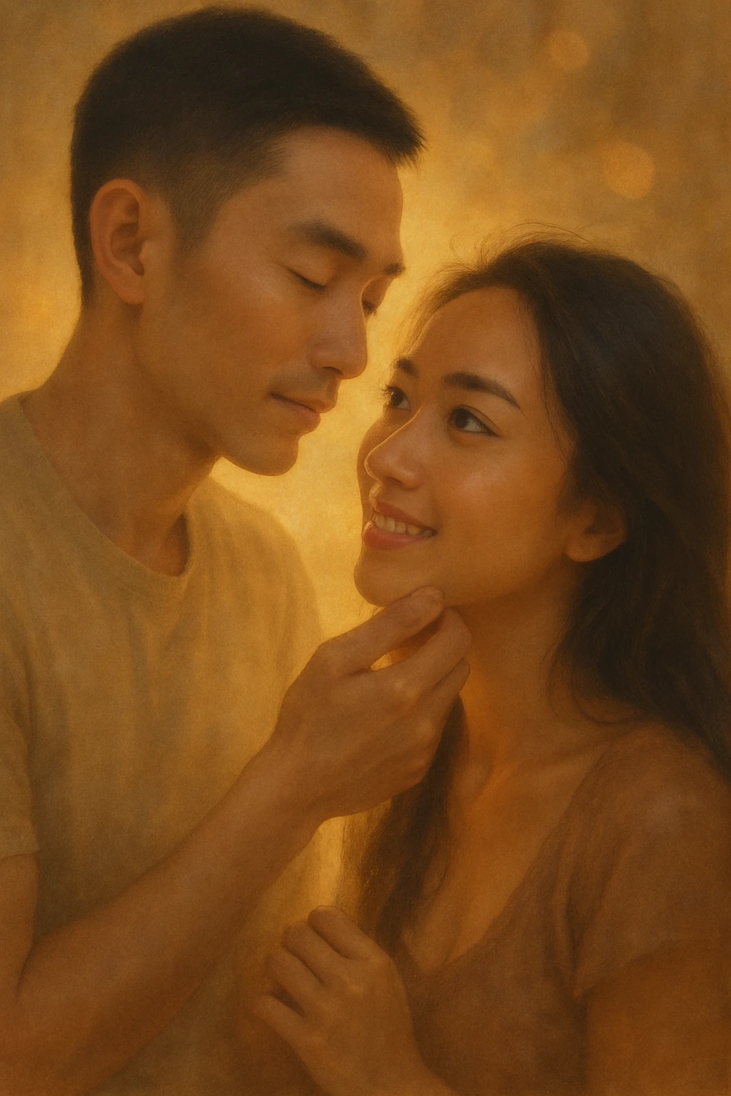 Transform these two lovers into a warm and romantic illustration with a soft and luminous ambiance. Use a realistic and poetic illustration style, avoiding the Ghibli filter. Focus on creating a tender and heartfelt atmosphere with gentle lighting and delicate details. emoji