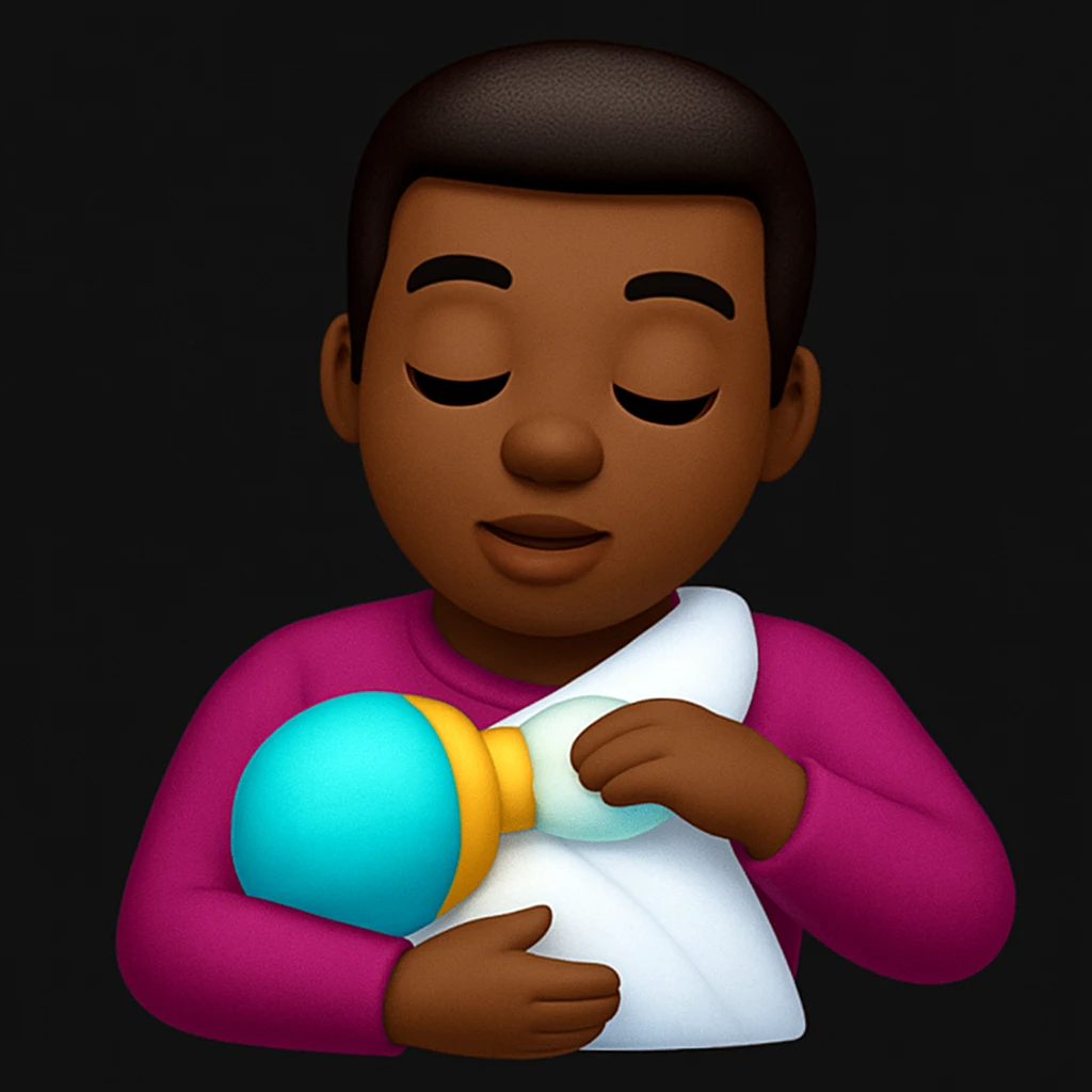 Recreate the image of a father breastfeeding a baby with a dark background, maintaining the same pose and expression as the reference. The style should be colorful emoji style, capturing the essence and look of colorful emojis. emoji