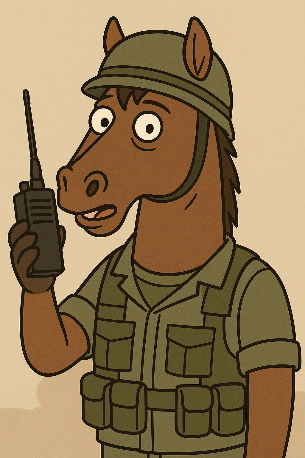 brown horse with an army vibe, cartoon style, holding a walkie-talkie emoji
