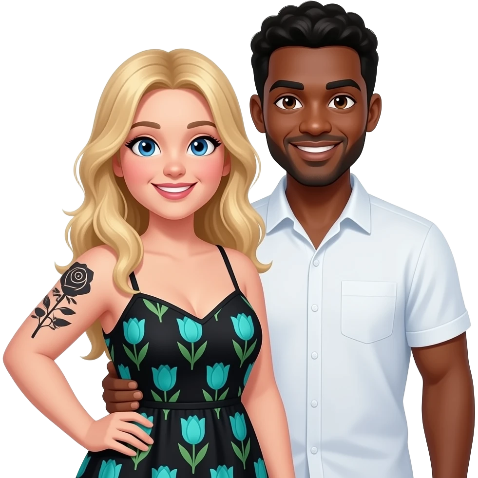 Plus size Blonde girl with blue eyes with black rose and skull tattoos on right arms up wearing a black summer dress with teal tulips and African American man with black hair with brown eyes no facial hair wearing white shirt having fun together emoji