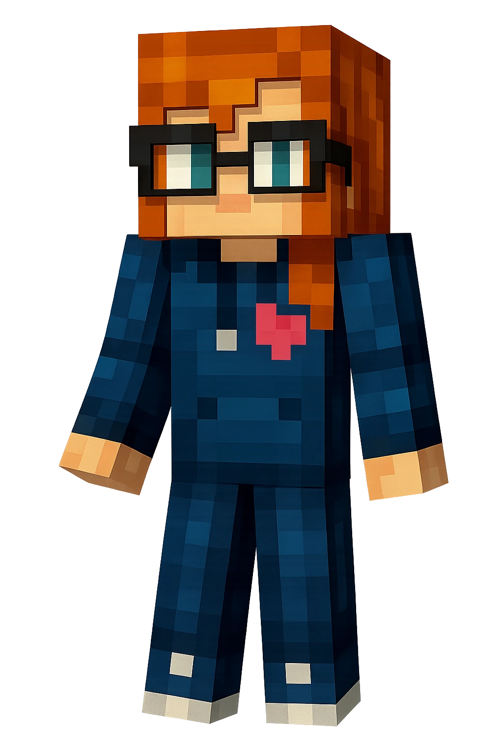 Extract the rightmost character with orange hair, glasses, and blue outfit from the image, fully visible and separate, preserving the original Minecraft cartoon style and appearance, with a transparent background. emoji