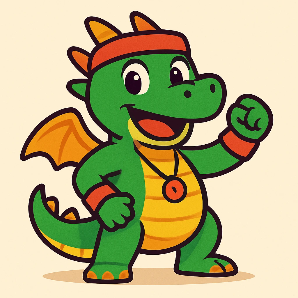 the face of a cute fitness dragon coach, energetic, friendly, cartoon style emoji