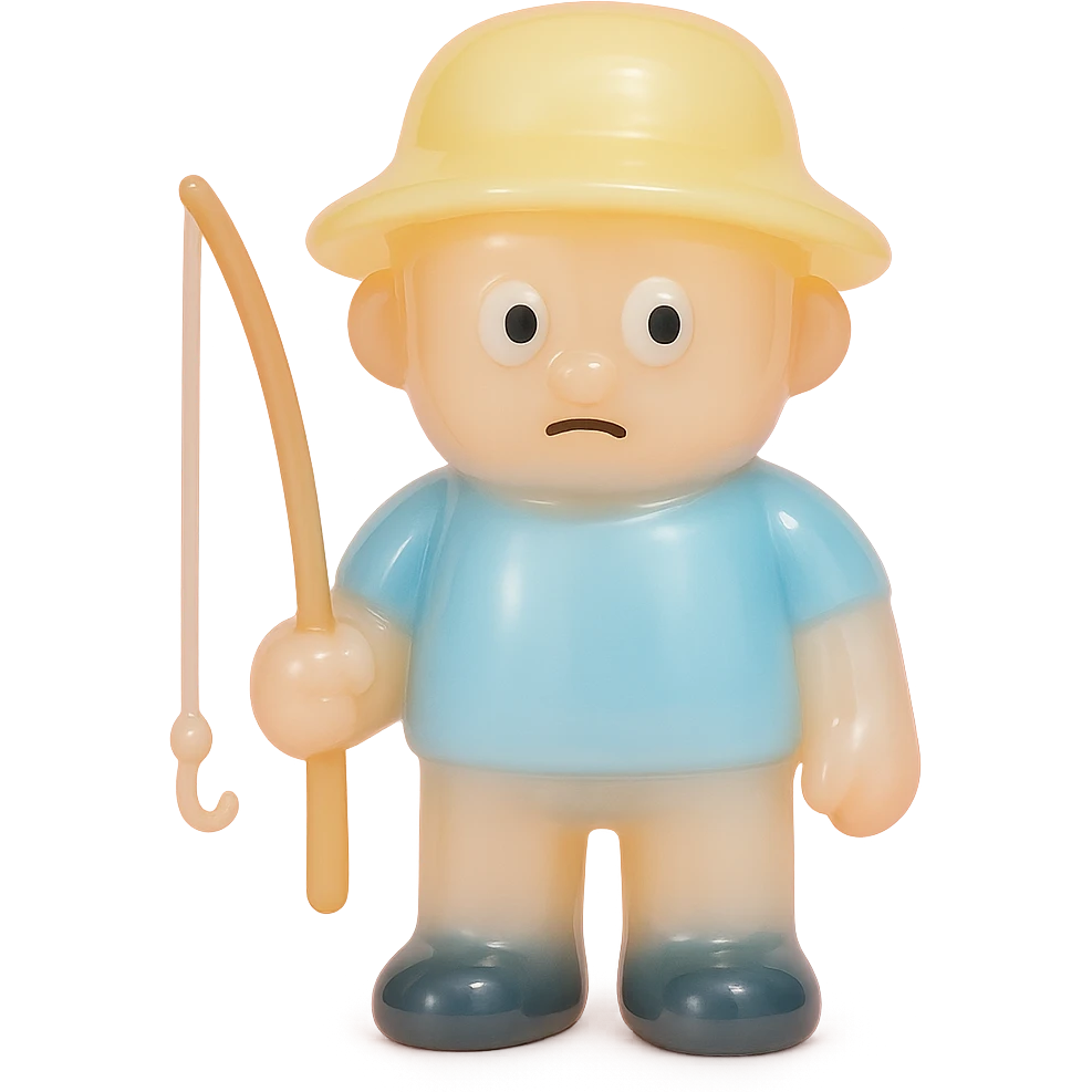 full-body fisherman, retro 90's toy style, very transparent and slightly see-through, natural tan skin, blue shirt, yellow hat, derpy eyes, soft plastic texture, soft reflections, soft and squishy, some cloudiness, not shiny, highly detailed, appealing, no tag, no background, match style and proportions of provided pirate reference emoji