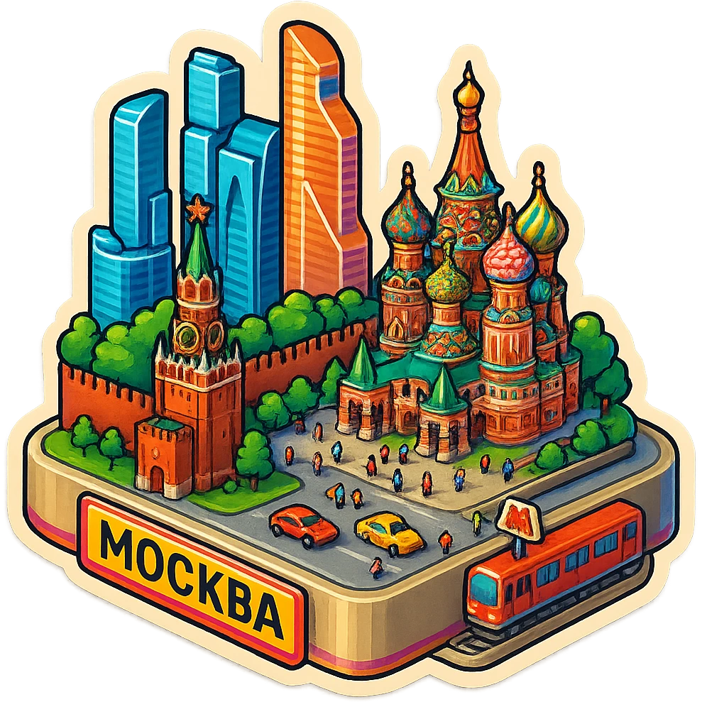 Изометричная миниатюрная 3D модель Москвы на подставке - фотореалистичный Кремль, собор Василия Блаженного, фотореалистичный Башни Москва-Сити, аккуратная детализация, яркие цвета, мультяшный реализм, гуляют люди и современный автотранспорт и метро, компактная композиция, вид сверху в изометрии emoji