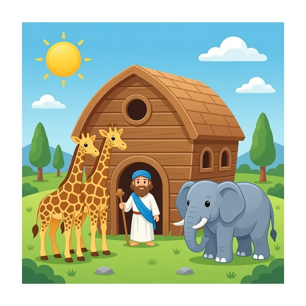 Noah’s Ark with Noah and two giraffes and two  elephants emoji
