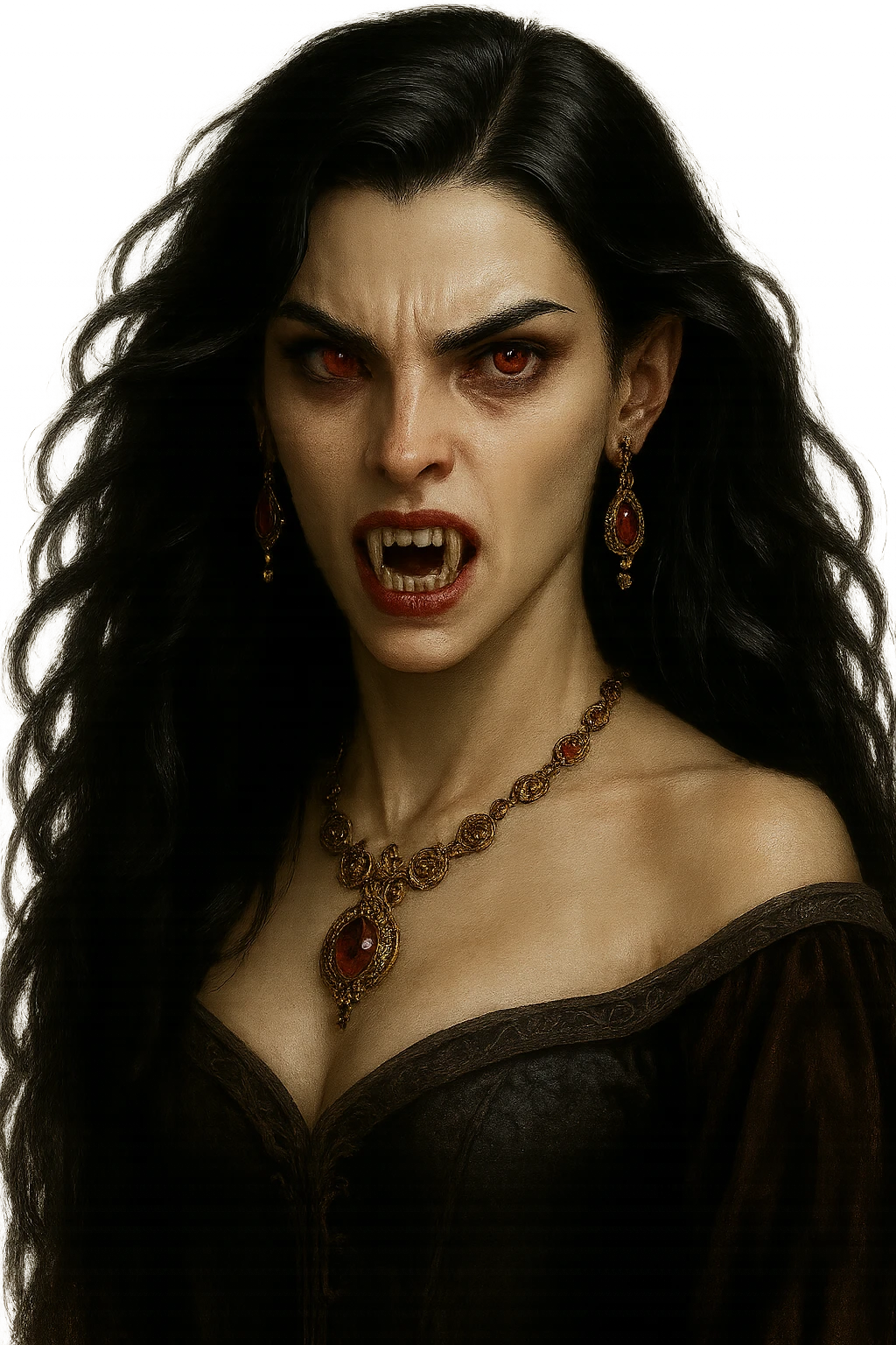 Remove the background, keep the vampire girl in realistic fantasy style with transparent background, focus on a detailed realistic fantasy style character with no background. emoji