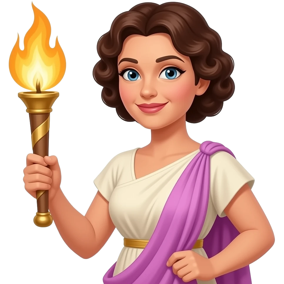 Columbia Pictures Torch Lady with dark brown curly low bun hair, ivory peplos, one holding torch, one holding lavender pink drape emoji