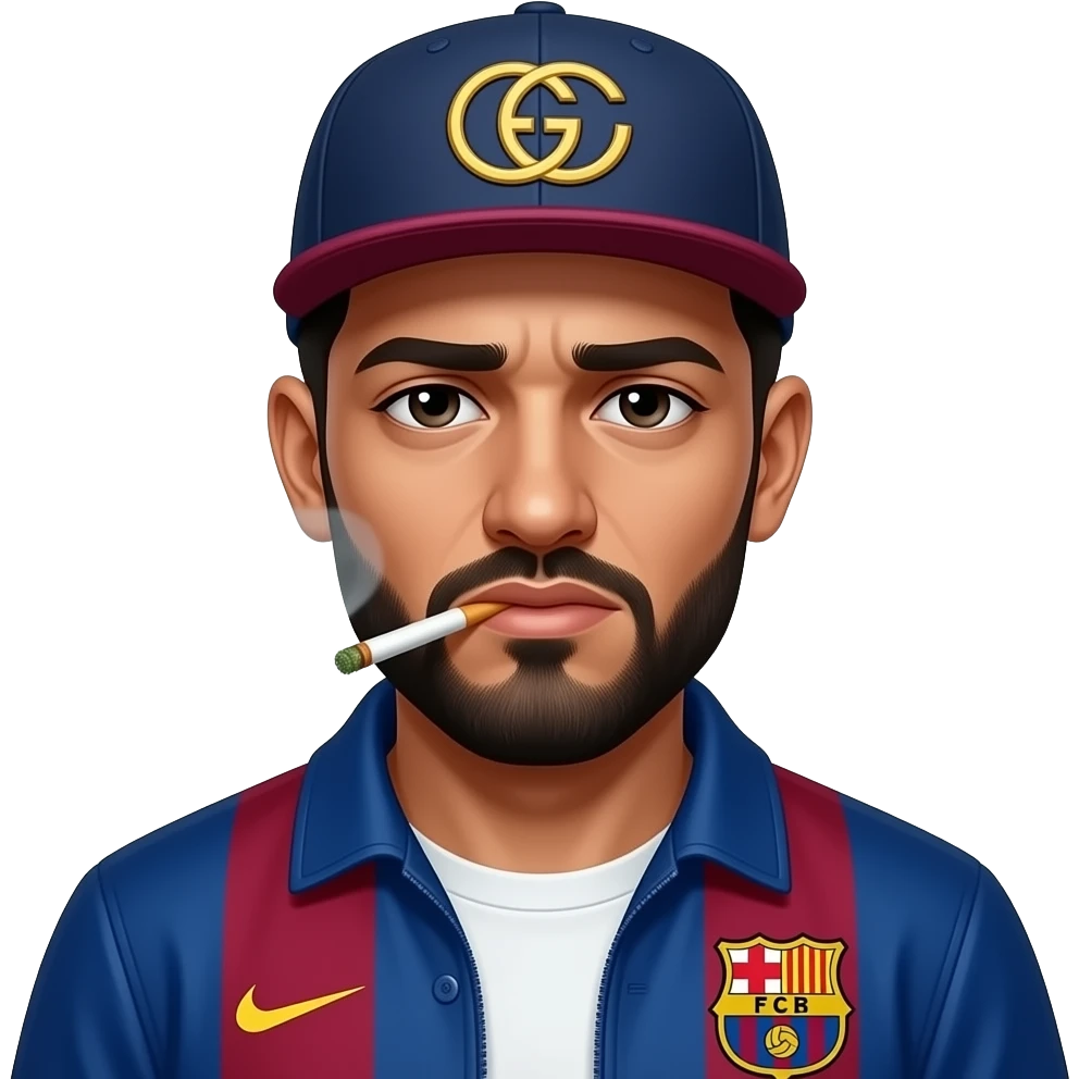 Arabe, avec joint de shit bien entamé dans la bouche, et les yeux très très  fatigués, veste Barca, casquette Gucci. Rend le dangereux et menaçant emoji