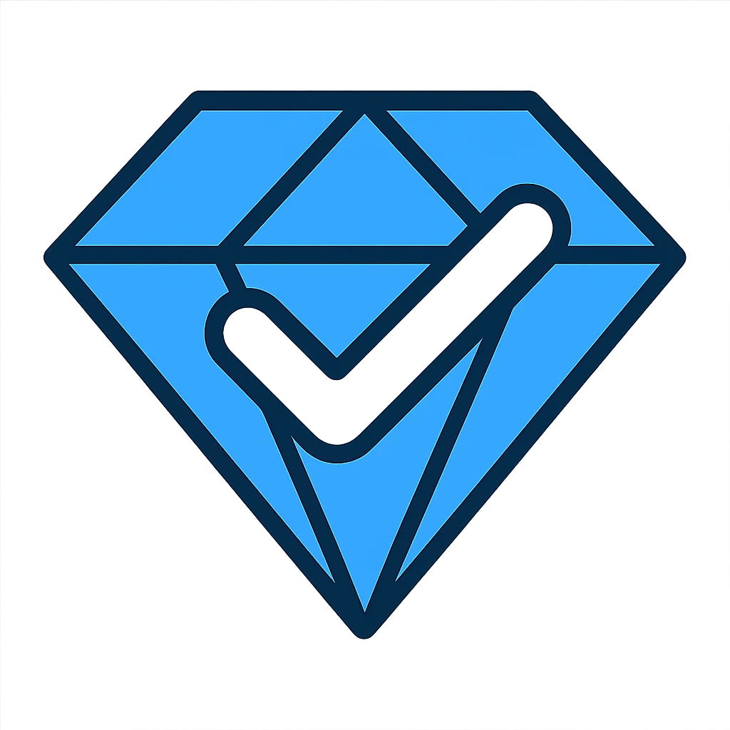 Rotate the blue diamond so it appears as a slightly rotated square. Make the check mark inside pure white. Keep the icon style consistent with the original. emoji