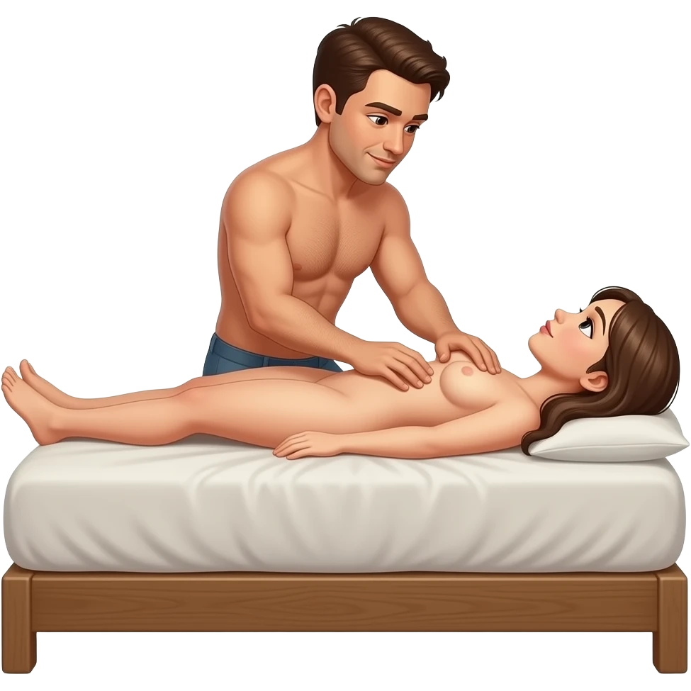 Naked man massaging a naked woman laying on her back on a bed with no sheet emoji