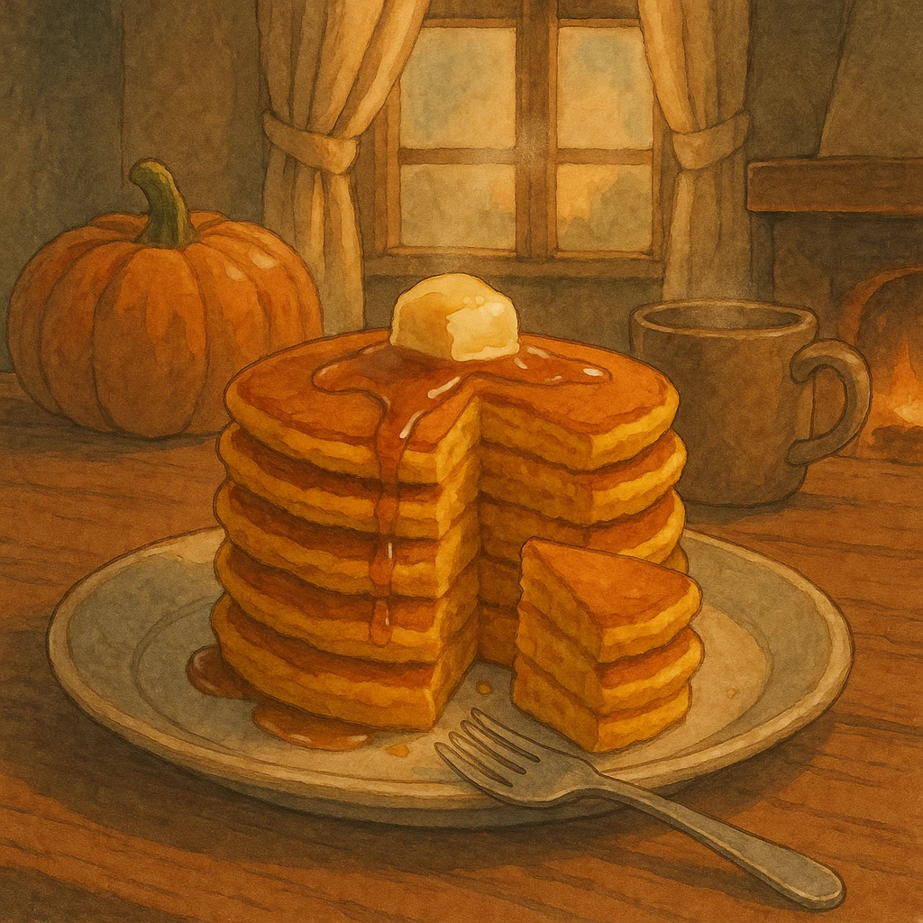 stack of pumpkin pancakes with a piece cut out, cozy emoji