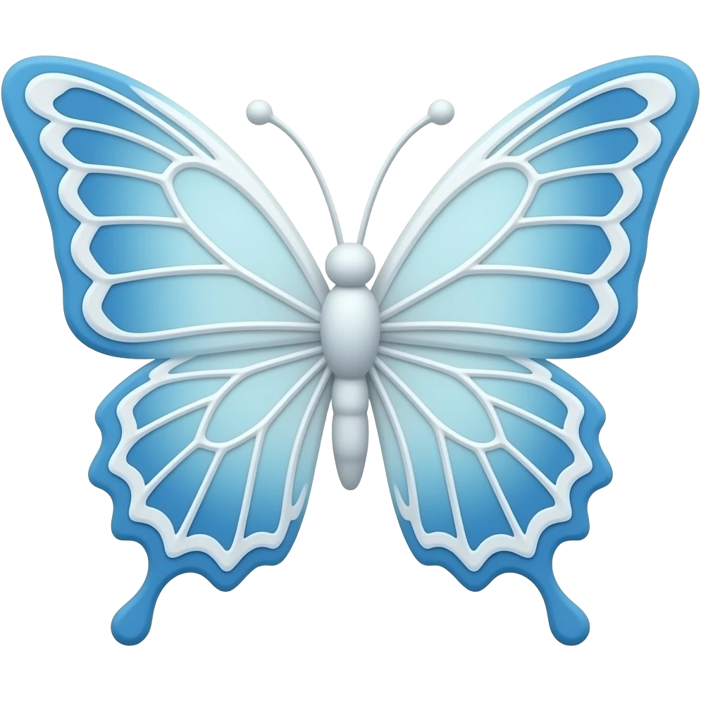 3D emoji gothic butterfly, white light blue soft, subtle blue gradient white filigree, subtle gradient blue lace trim,, elegant emoji