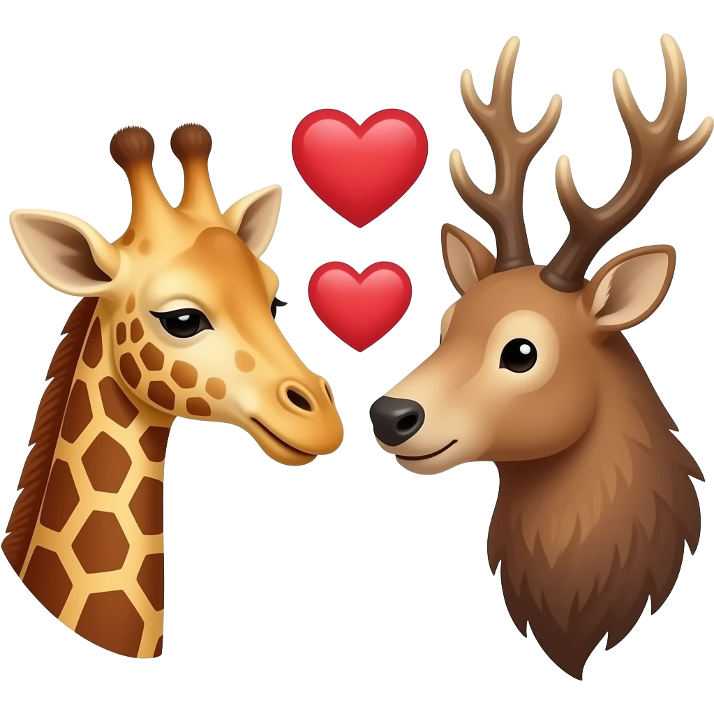 Einfacher Giraffenkopf und Elchkopf schauen sich an mit Herzchen emoji
