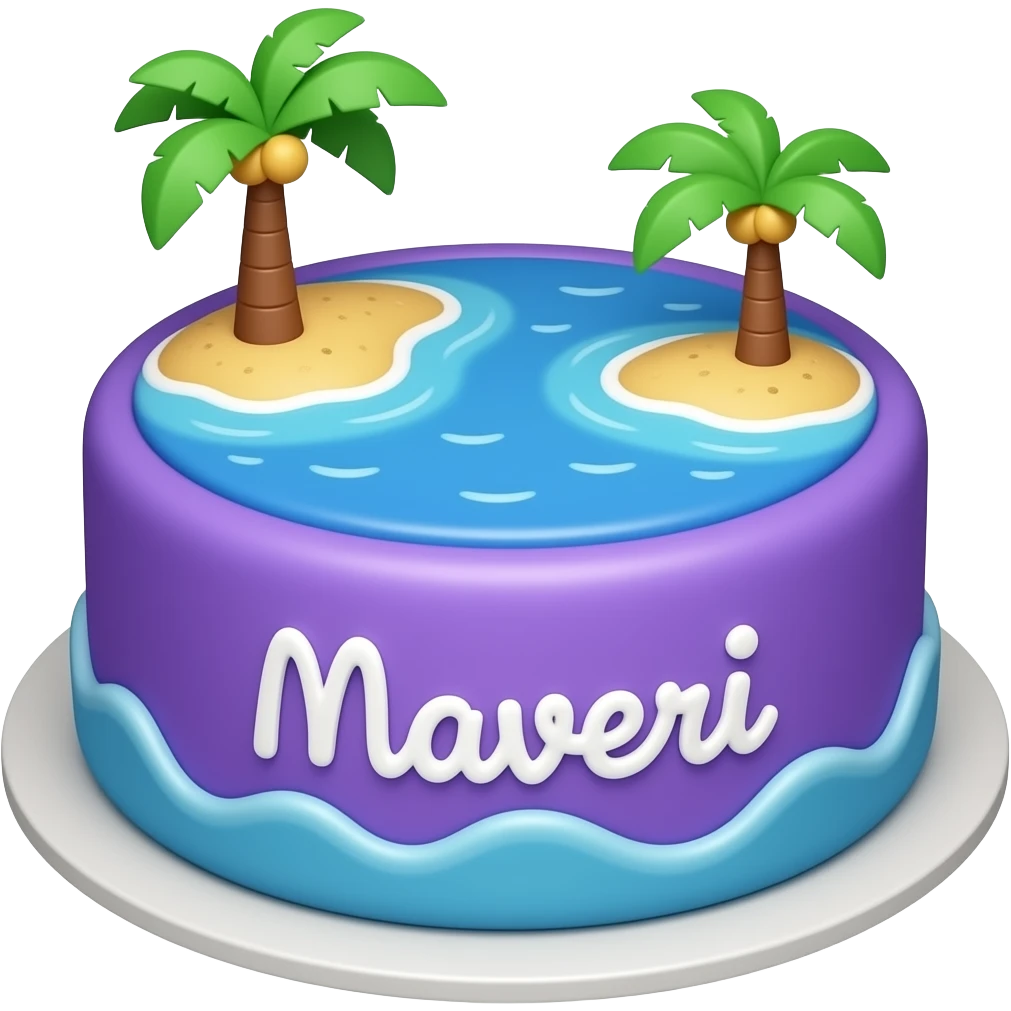 A purple and blue cake with the name Maveri on it and the whole cake is based off a island emoji