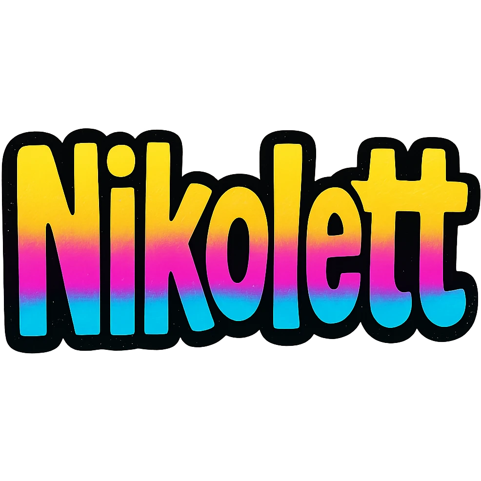 Nikolett name in modern colorful gradient font with dark outline, transparent background, in the style of sample images emoji