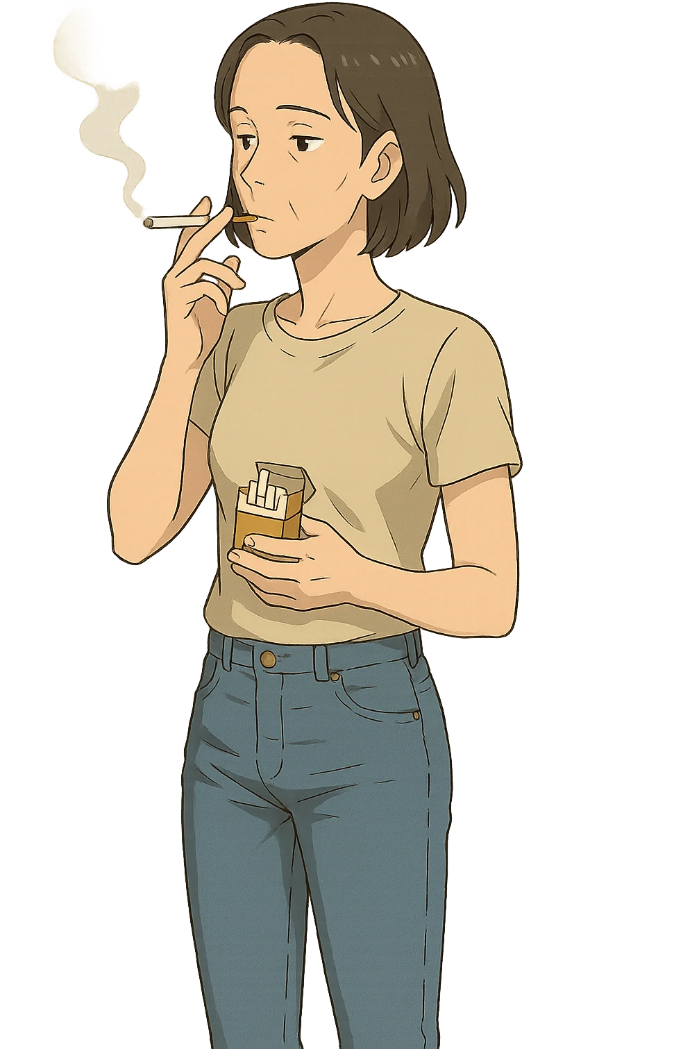 A full body of a slim middle aged woman wearing jeans and a t.shirt holding a packet of cigarettes and smoking emoji