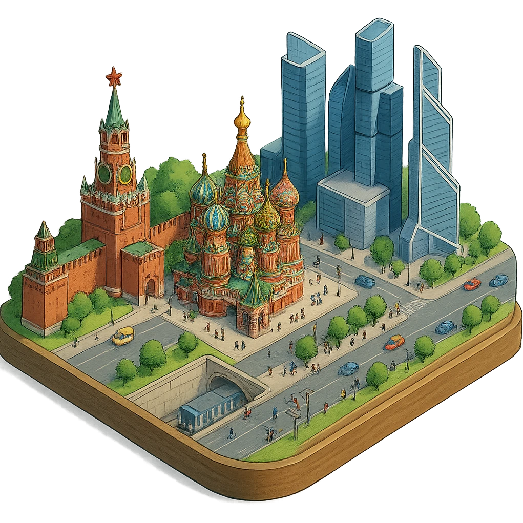 Изометричная миниатюрная 3D модель Москвы на подставке - фотореалистичный Кремль, собор Василия Блаженного, фотореалистичный Башни Москва-Сити, аккуратная детализация, четкие линии, яркие цвета, мультяшный реализм, гуляют люди и современный автотранспорт и метро, компактная композиция, вид сверху в изометрии, прозрачный фон emoji