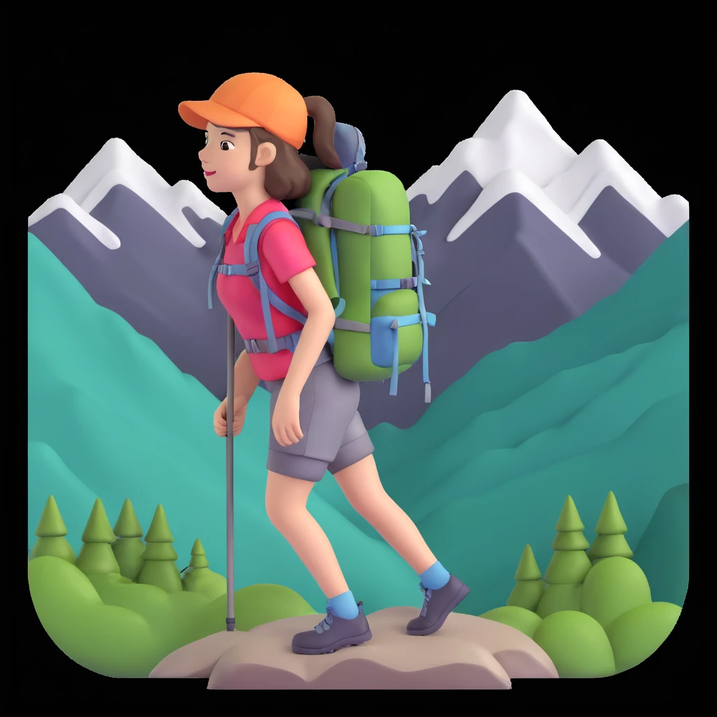 portrait of girl back packing mountains in background, close up pose emoji