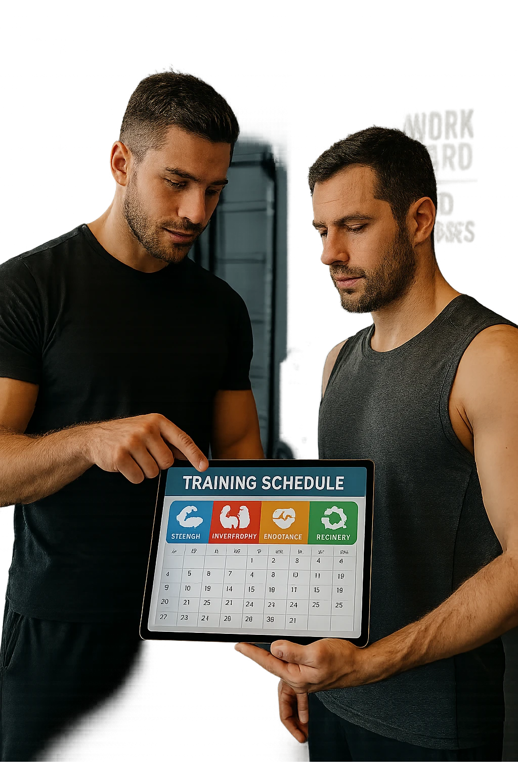 realistic cinematic photo a personal trainer and a client stand in a modern gym, reviewing a large, color-coded training calendar or chart on a tablet. The calendar shows different phases (strength, hypertrophy, endurance, recovery) with icons and dates. Around them, gym equipment and motivational posters reinforce the idea of structured, periodized training. in italiano emoji