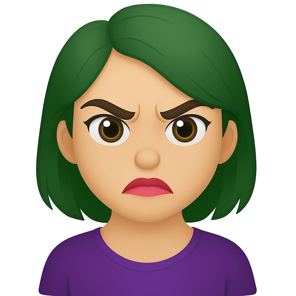 Create an emoji style image of a girl with green hair, angry expression, hazel eyes, and lipstick blended with nude and pink. emoji