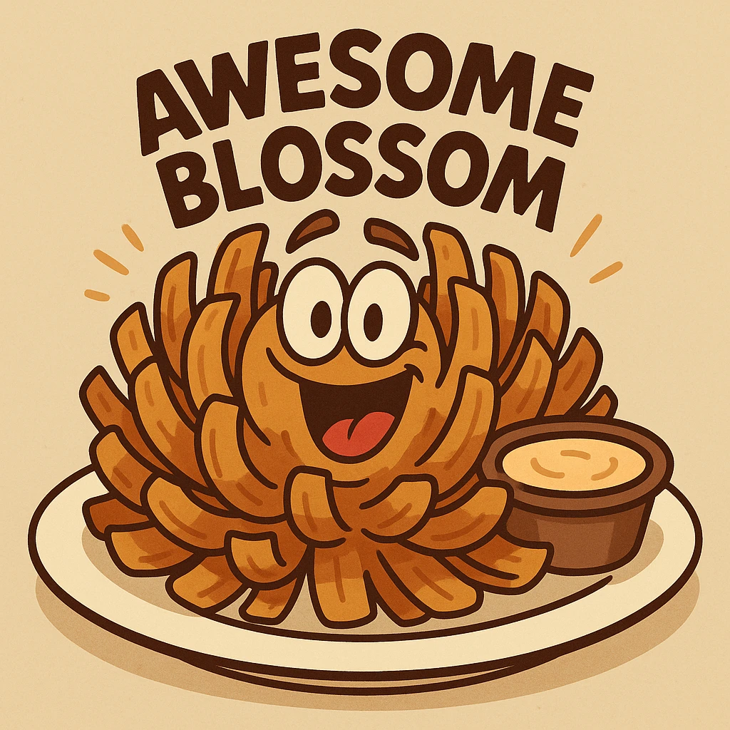 cartoon style awesome blossom dish from Chili's menu, golden-brown deep-fried blooming onion with a side of dipping sauce, playful and vibrant, exaggerated features emoji