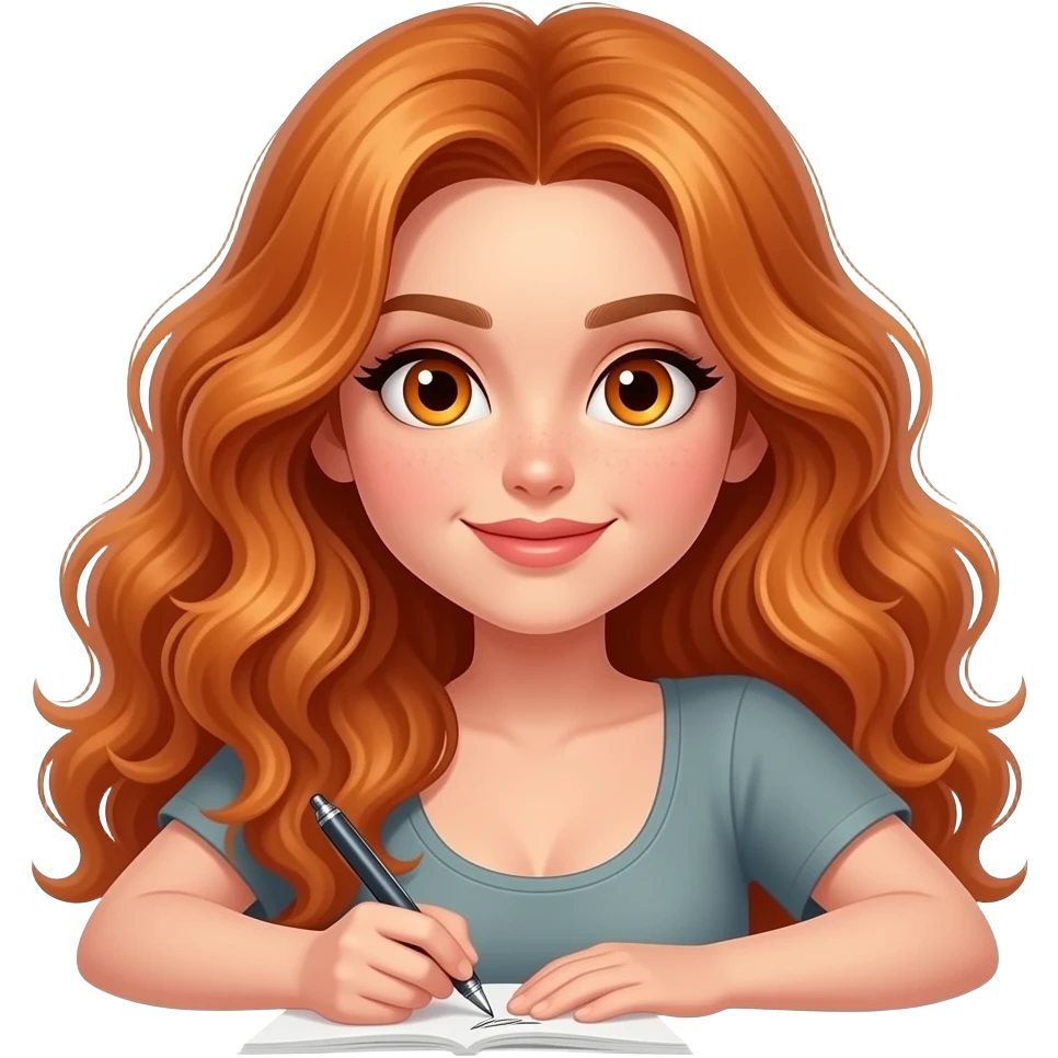 sexy girl with long curly ginger hair and ginger eyes is writing emoji
